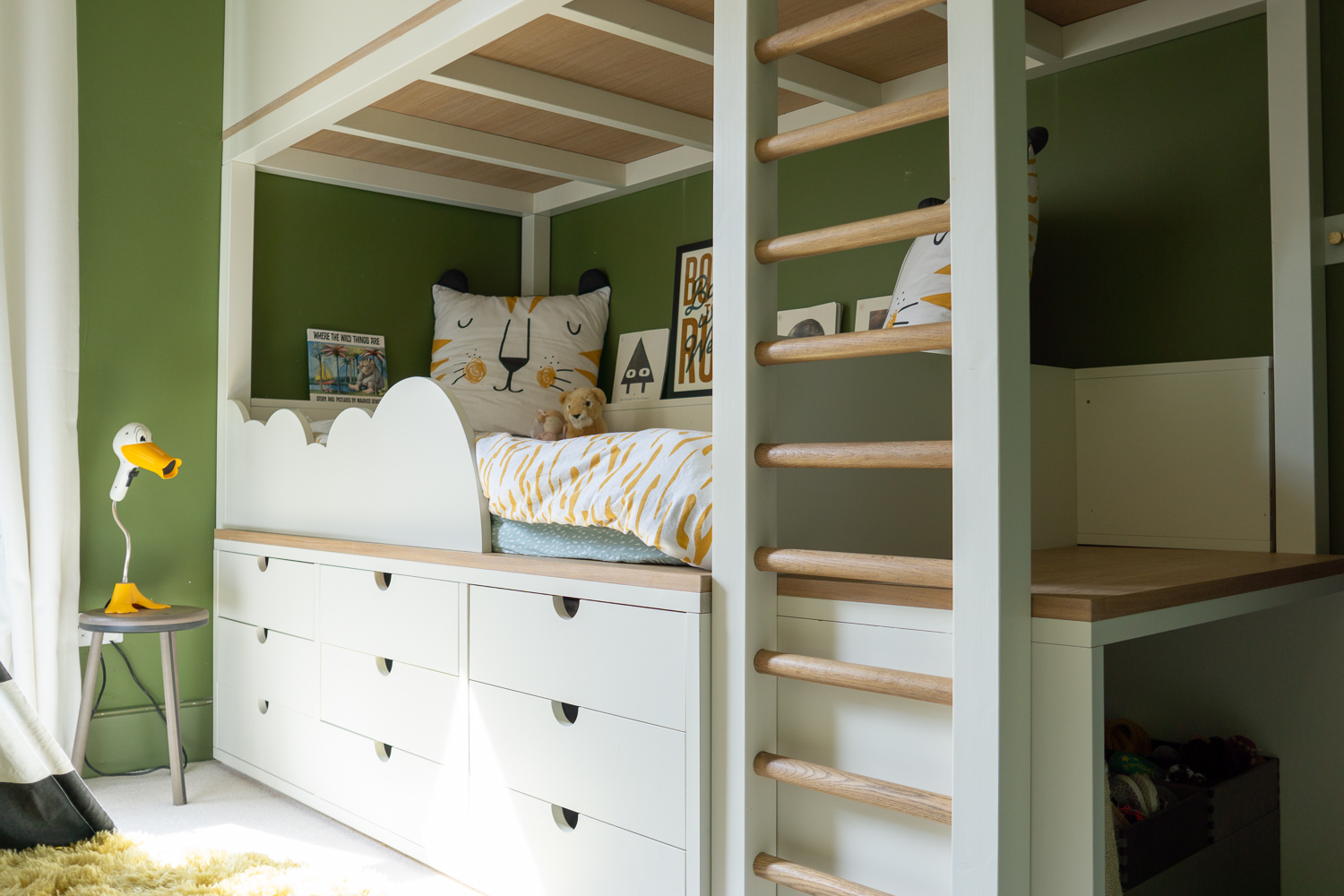 Bunk Bed, Based on a captains bed. Extra chunky timber frame. The lower cloud is removable so as to transform into daybed. Has desk / changing area.
