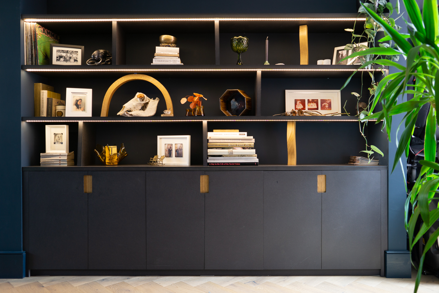 SHELVES & CABINETS, Grey Valchromat with Oak Inlay Handles, integrated lighting.
