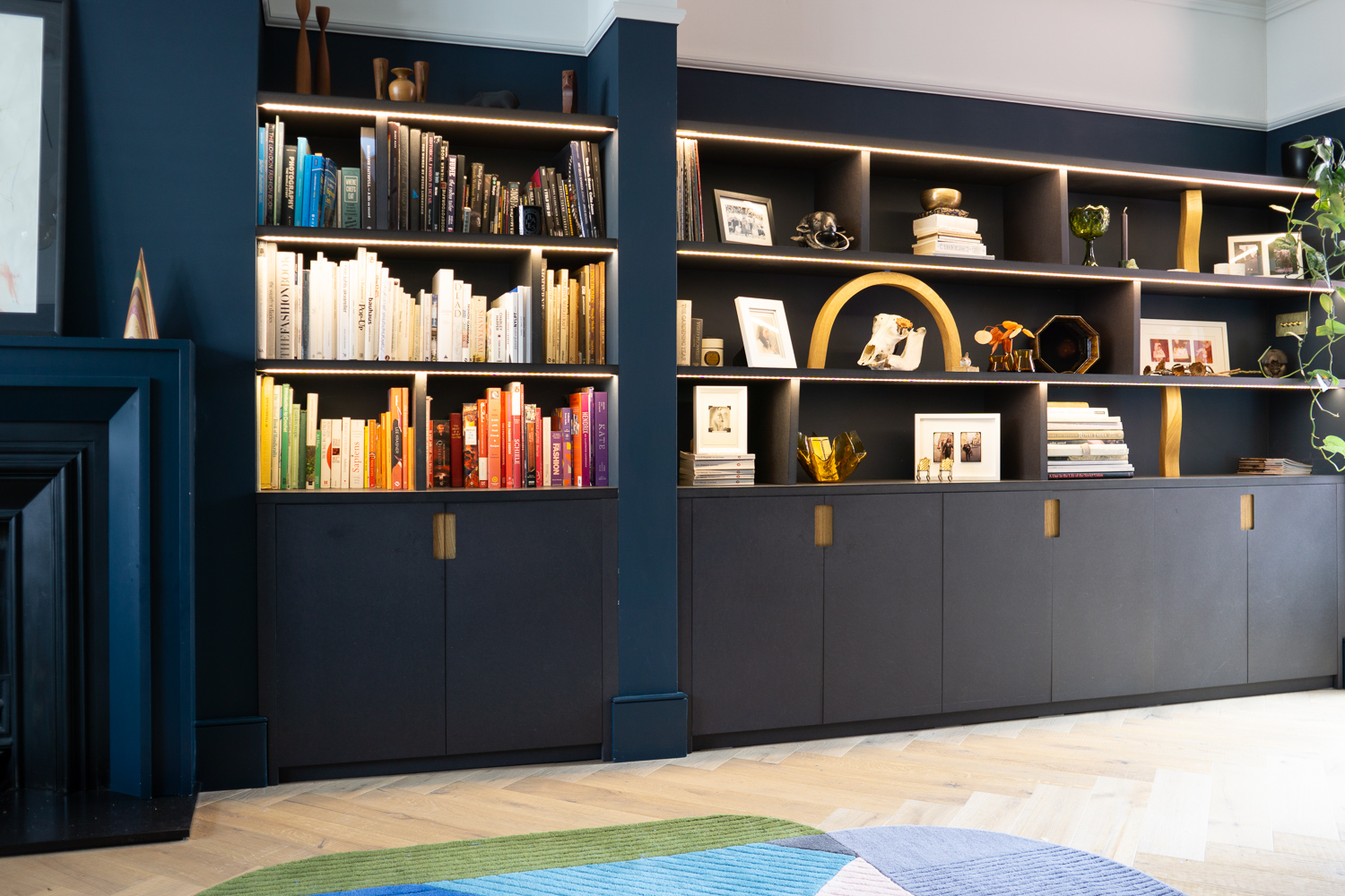 SHELVES & CABINETS, Grey Valchromat with Oak Inlay Handles, integrated lighting.
