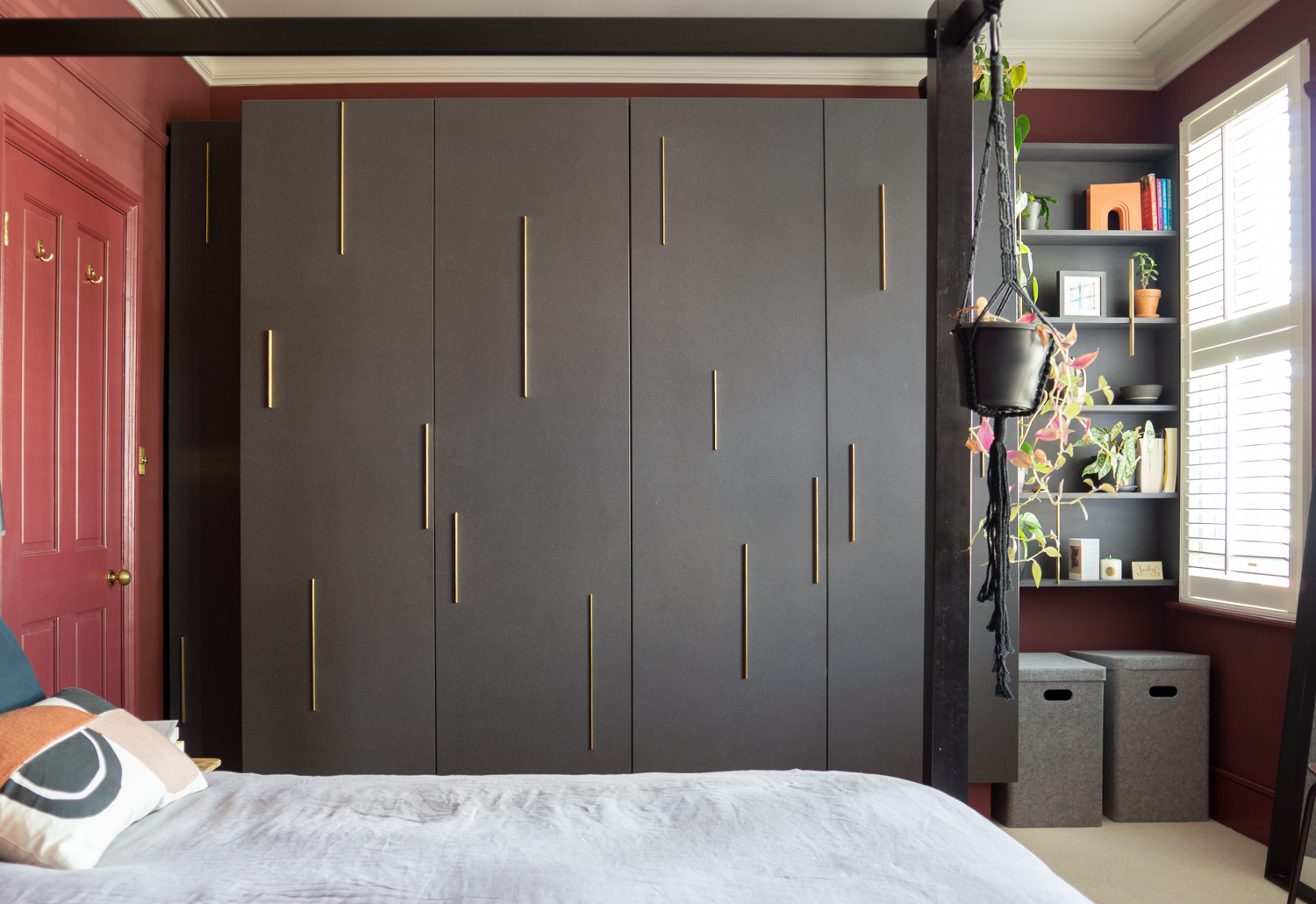 Wardrobe & Shelves, Grey Valchromat, hand cut brass inlay handles.
