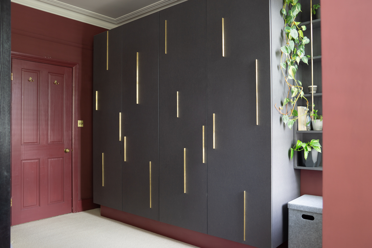 Wardrobe & Shelves, Grey Valchromat, hand cut brass inlay handles.
