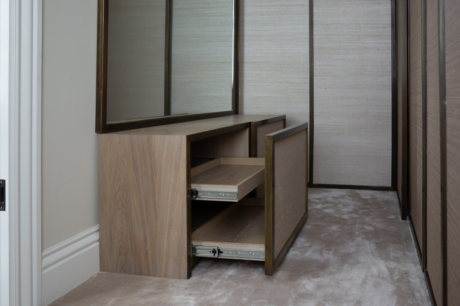 Shoe Storage, Two internal drawers per side for shoes. Custom oiled oak. 
