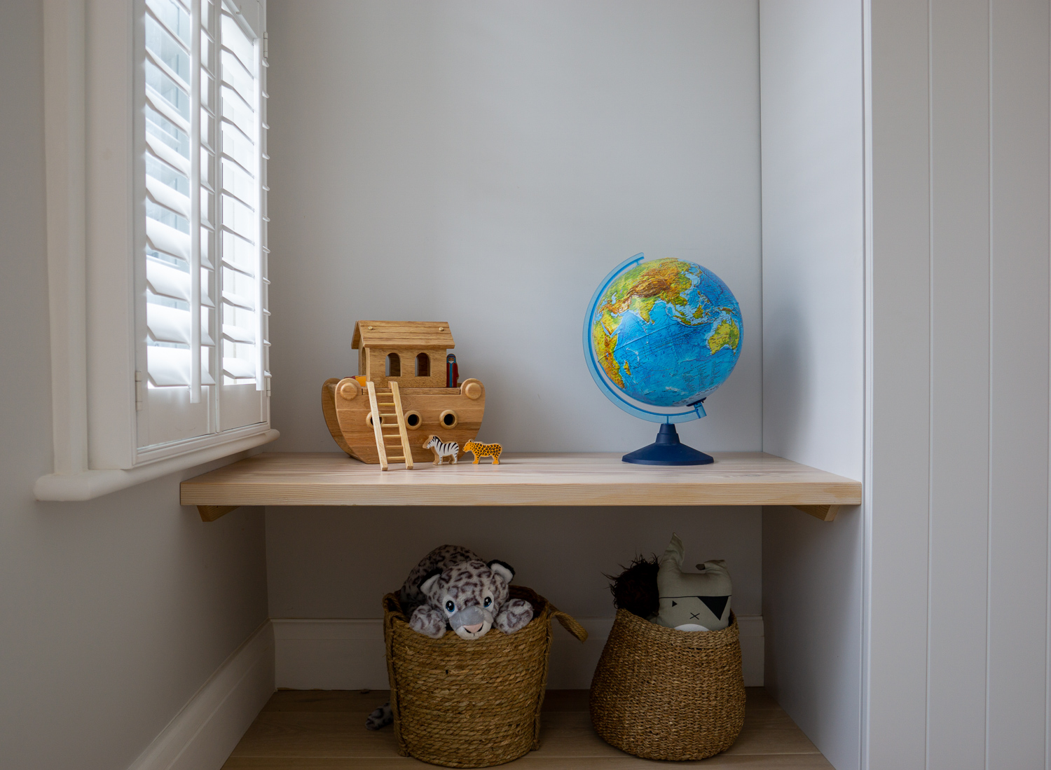 TENNYSON ROAD, Douglas Fir bench seat with children's toys
